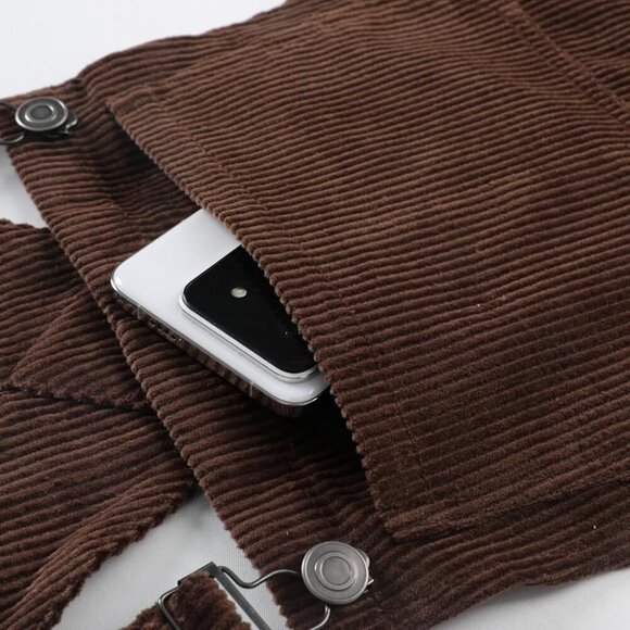 Corduroy Overalls for Women Barrel Wide Leg Bib Corduroy Pants Women Adjustable - Picture 3 of 7